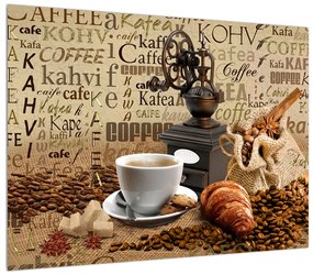 Kávé, kávédaráló és a croissant kép (70x50 cm)