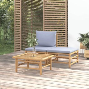 3 részes bambusz kerti ülőgarnitúra világosszürke párnákkal