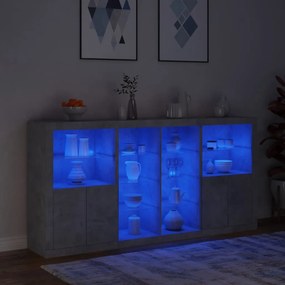 betonszürke tálalószekrény LED-világítással 202 x 37 x 100 cm