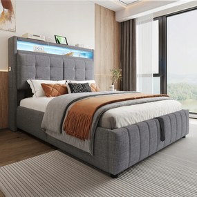 Kárpitozott ágy 140x200 Franciaágy Usb polc Led Hidraulikus szürke