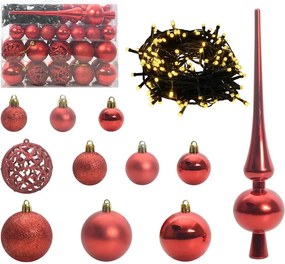 vidaXL Karácsonyi Díszgömb Készlet 150 LED-del 61 pcs Piros Műanyag
