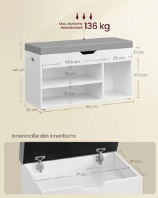 Cipőpad tárolóhellyel, Párnázott, Terhelhetőség 136 kg, 30 x 80 x 44 cm, fehér-szürke