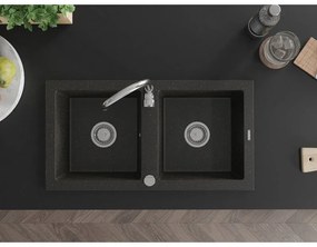 Mexen Mario, 2 kamrás gránit mosogató 820x436x161 mm és Telma króm mosogató csaptelep, fekete-arany metál, 6504-75-670200-00
