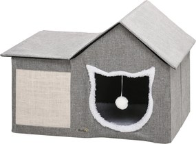 PawHut Macska Barlang, Macska Ház Kaparófelülettel, Macska Kabin Két Ajtóval, Kényelmes Barlang Párnával, Macska Ágy Játék Gömbbel, Poliészter, Szürke