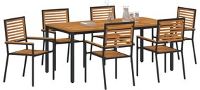 7 részes kerti étkező garnitúra Fekete Poli Rattan Akác, Egymásra rakható kerti székek párnákkal 2 db Fekete Poli Rattan, Kerti asztal 180x90x75 cm Szilárd Akácfa és Fém