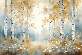 Fotótapéta Flizelina Grafika Tájkép Erdő Fák Nyírfák Virágok 254x184 ragasztó