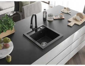 Mexen Vito, 1 kamrás gránit mosogató 490x520x210 mm és Elia mosogató csaptelep, fekete-ezüst metál, 6503-73-670101-70
