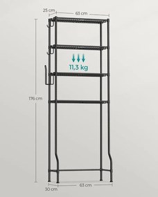 SONGMICS 4 Szintes WC feletti Állvány Akasztókkal és Toalettpapír-tartóval, 30 × 63 × 176 cm, Fekete