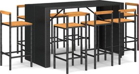 vidaXL 9 részes fekete polyrattan és tömör akácfa kerti bárszett
