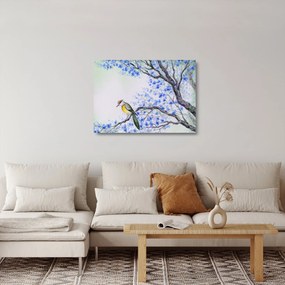 Kép - Madár egy fán kék virágokkal (üvegen) (70x50 cm)