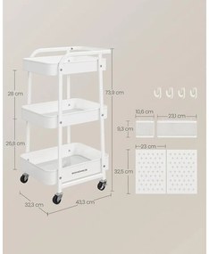 Tárolókocsi 3 fémhálós polccal fehér színben
