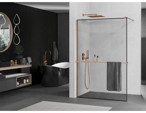 Mexen Kioto+, Walk-In zuhanyparaván polccal és akasztóval 80 x 200 cm, 8 mm átlátszó üveg fekete mintás, réz matt profil, 800-080-121-65-70
