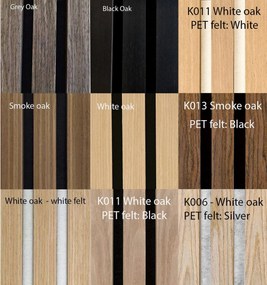 FREJA Hangszigetelő tábla falra 240x60x2,2cm. White Oak- fehér filc hátlappal - Egyedi méretre is levágjuk - K013 Smoke Oak fekete filc hátlappal