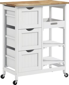 HOMCOM Konyhai Kocsi Kerekekkel Zöldségkocsi Fából Készült Lappal 3 Fiókkal 2 Nyitott Polccal és Leszedhető Tálcával Étkezőbe és Nappaliba 67x37x85,5