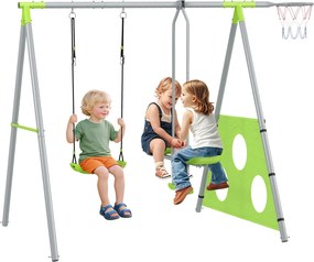 AIYAPLAY 4 az 1-ben Hinta Keret Kültéri Hinta Szett Hintával, 2-Személyes Csúszdával, Foci Kapuval, Kosárlabda Gyűrűvel, Kerti Hinta Gyerekeknek Fém K