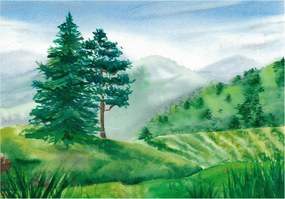 Flizelin fotótapéta Zöld dombok és hegyek akvarell tájkép 250x175 +ragasztó