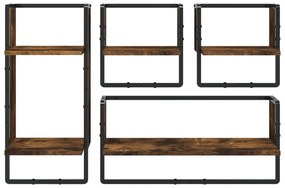 4 részes füstölt tölgy színű szerelt fa fali polc szett rúddal