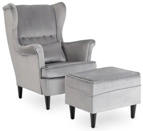 Elegáns Füles Fotel Lábtartóval Szürke Bársony Kárpittal. EVAN 2