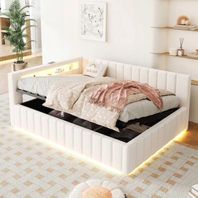 Kárpitozott ágy Összecsukható kanapé 140x200 Hidraulikus Usb Led aljzat Bézs