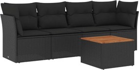 vidaXL 5 részes fekete polyrattan kerti kanapészett párnákkal