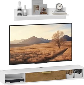 HOMCOM Nappali Bútor - Étkező Bútor Fali Polccal és TV Állvánnyal, Fiókokkal és Kábel Lyukkal, Fali TV-hez 120x24x16 cm Fehér | Aosom