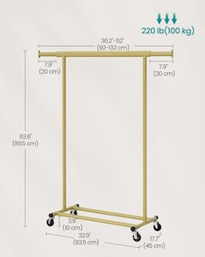 Gurulós ruhatartó állvány, nagy teherbírású 100 kg, 45 x (92–132) x 161,5 cm, világos arany