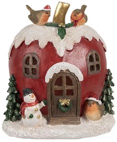 Piros alma házikó madarakkal hóemberrel LED-es