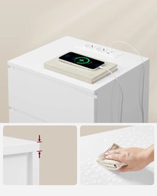 Éjjeliszekrény, oldalasztal 3 fiókkal, 2 ac aljzattal és 2 usb porttal, fehér