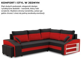 Grande sarokkanapé polcokkal és puffokkal , polc a jobb karfaban puffok a bal karfaban, jobboldali, szövet anyag, bonell töltet, fekete - piros