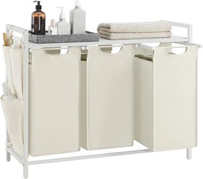 VASAGLE 3 rekeszes szennyestartó kosár polccal, 3 x 40 L, krémfehér