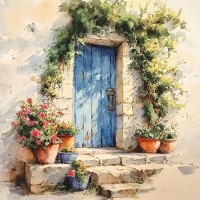 Vászonkép Canvas Tájkép Fal Kék Ajtó Virágok 40x40