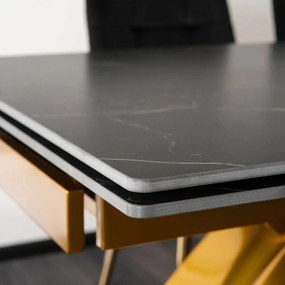Kihúzható kerámia étkezőasztal 160–240 cm méretben, fekete márvány/arany színben LUIGI