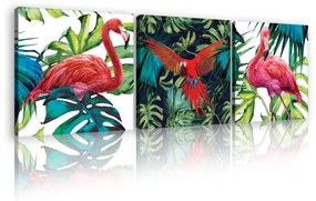 Vászonkép 3 darabos, Flamingók és papagáj, 3 db 25x25 cm méret