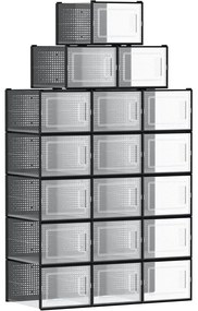 Cipősdobozok, 18 darabos szett, műanyag cipőrendezők 46-os méretig, átlátszó/fekete