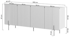 Malmi négyajtos komód fém lábakon - 200 cm - kasmír / crema bianca / arany lábak