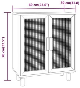 fekete tömör fenyő/természetes rattan tálalószekrény 60x30x70cm