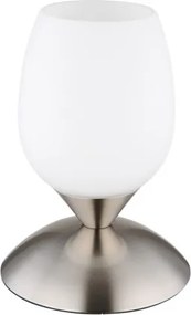 Globo 24007N Asztali lámpa fém nikkel matt, fehér színű üveg búra, fekete PVC kábel, érintő kapcsoló, ø: 125mm, M: 180mm, kábel hossza 1500mm, 1x E14 25W 230V izzó nélkül