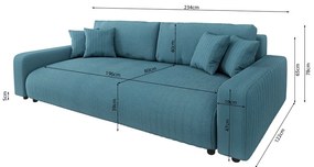 Türkiz kordbársony kinyitható tárolóhelyes kanapé 234 cm Sara – Ropez