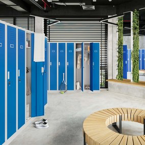 Pléh öltözőszekrény talpazaton, négymodulos, polcokkal KACPER II, 600 x 1800 x 500 mm, kék