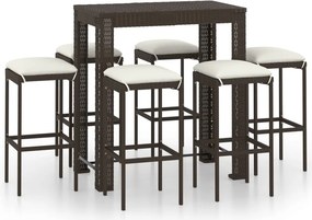 vidaXL 7 részes barna polyrattan kerti bárszett párnákkal