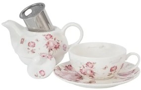 Rózsás porcelán egyszemélyes teáskészlet szűrővel díszdobozban