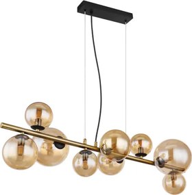 Globo 56135-9H Függeszték fém fekete matt, fém sárgaréz matt, üveg borostyán, HxSzxM: 866x360x1200mm, üveg méret 4X ø: 10 cm, 3x ø: 12 cm, 2 x ø: 15 cm, tartozék 9x G9 LED 3,5W 230V, forrás 80lm kimenet, 3000K, 10676 LED izzóval