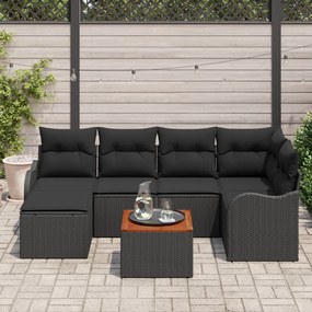7 Darabos Kerti Sofa Szett Párnákkal Fekete Poli Rattan Akáciával, 2-Személyes Kerti Sofa Tárolóval &amp; Párnákkal Fekete Poli Rattan