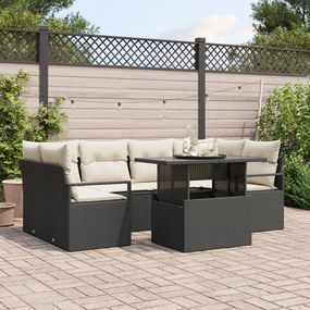 7 Részes Kerti Kanapé Szett Párnákkal Fekete Poly Rattan, 2-üléses Kerti Kanapé Párnákkal Fekete Poly Rattan