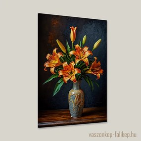 Narancssárga liliom csokor díszes vázában – Elegáns falikép 40x60cm