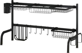 HOMCOM Edény Szárító Rack, 2-Színt Edény Szárító Állvány, 51-93 cm Edény Rack Kampókkal, Folyóka a Konyhai Mosogatóhoz, Acél, Fekete | Aosom