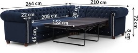 Kék bársony kinyitható sarokkanapé (jobb oldali-L alakú) York Blik – Ropez