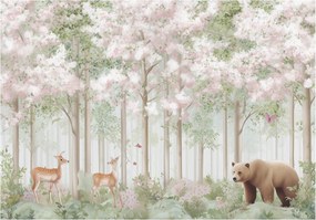 Fotótapéta erdő rózsaszín zöld őzekkel és medvével gyerekeknek