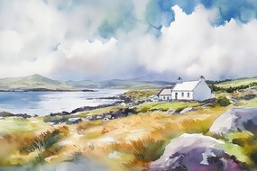 Vászonkép Canvas Akvarell Tengerpart Házikó Tenger Írország 120x80