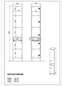 Szürkésbézs magas fürdőszoba szekrény diófa dekorral 34x190 cm Yonkers - Germania
